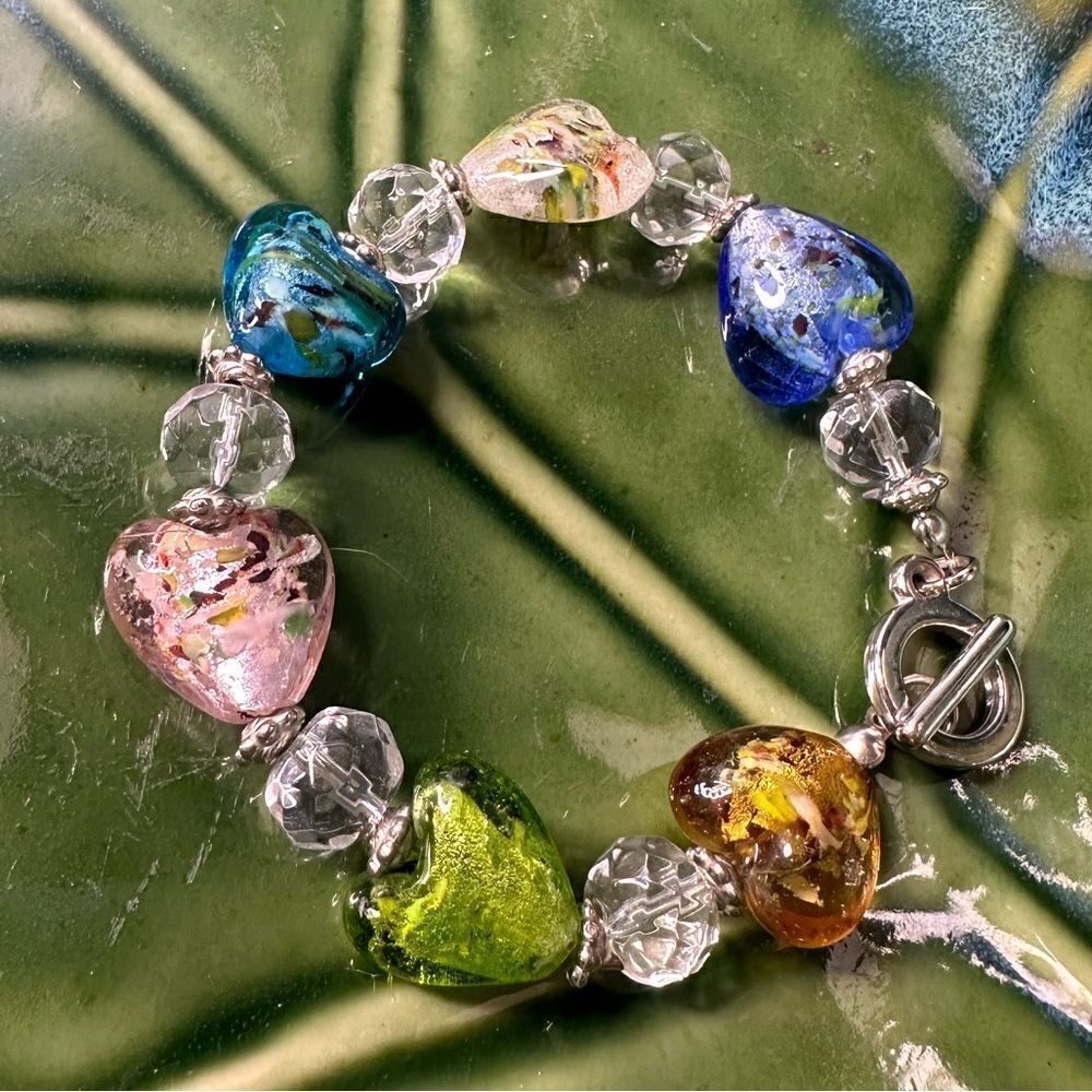 Handmade Multi-Color Heart Lampwork Artisan Glass Beads Toggle Closure Bracelet